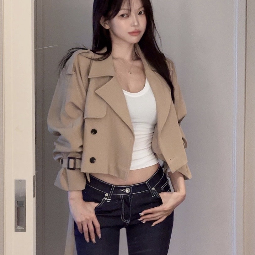 히프나틱 프리미엄 더블 숏 트렌치코트 베이지