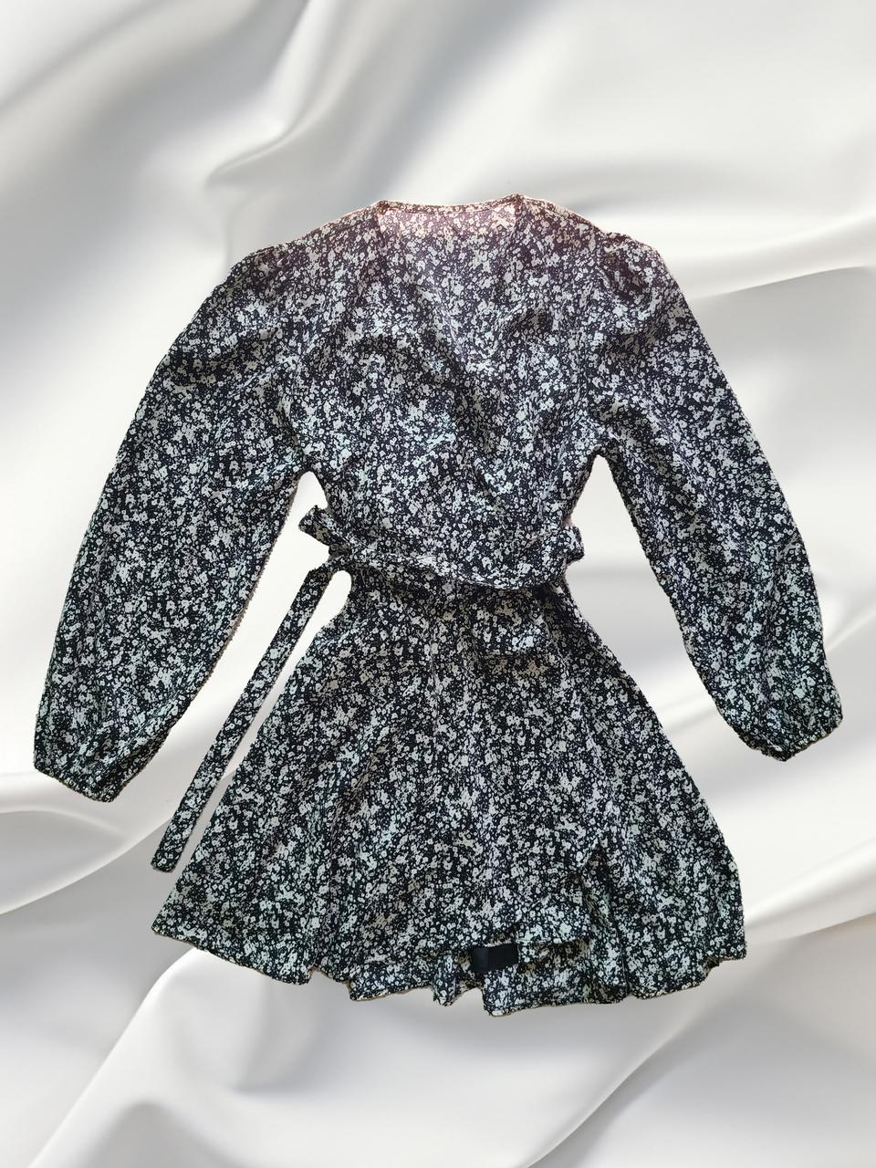 플라워 패턴 미니 원피스 블랙 리본