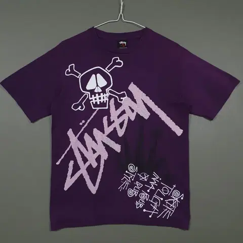 S) 스투시 00s 스컬 크라운 레터링 올오버 코튼 반팔 티셔츠 퍼플 ㅇ
