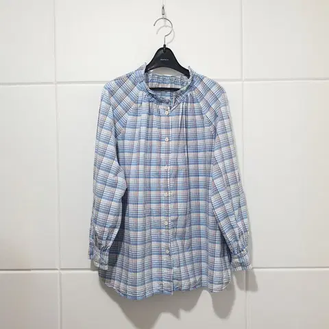 빈폴 레이디스 beanpole 스카이블루 체크 러플 블라우스