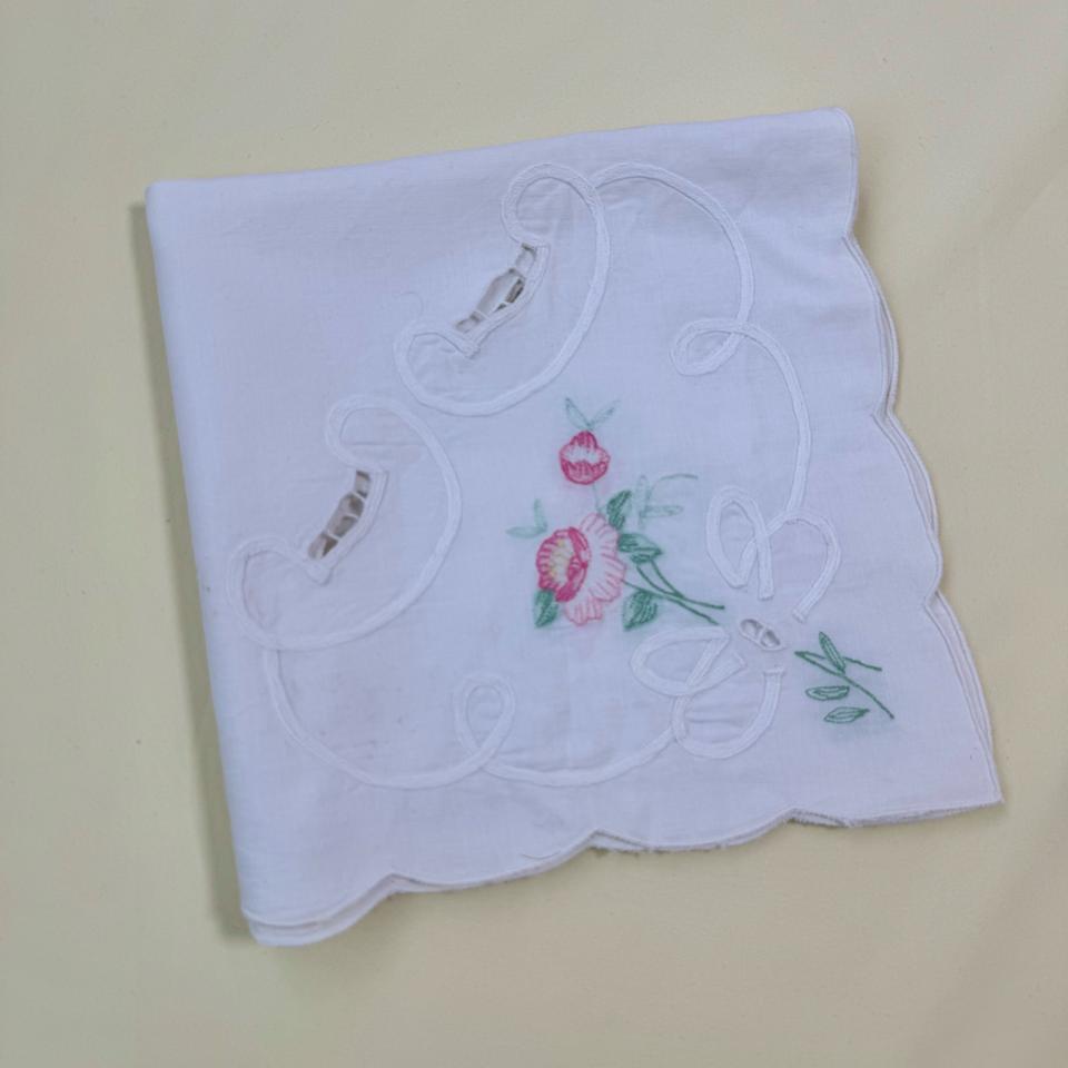 일본빈티지 자수 꽃무늬 레이스 흰색 손수건