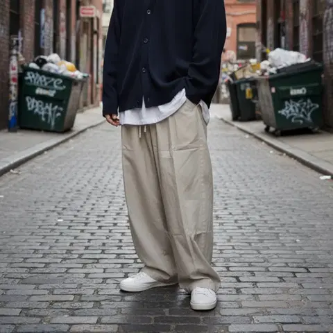 남자 와이드 슬랙스 이지케어 절개 나일론 스판 밴딩 팬츠 광택