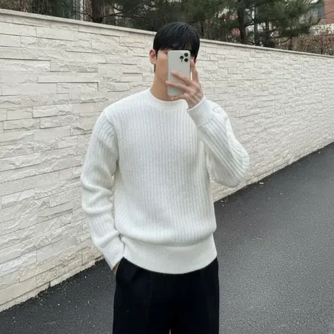 부클 골지니트 라운드 오버핏 남성 크롭