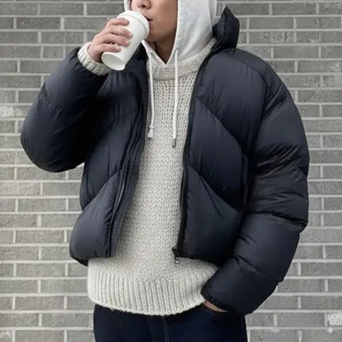 새상품) 웰론 웨이브 패딩 패턴 남자패딩 투웨이 카라 오버핏 푸퍼 숏패딩