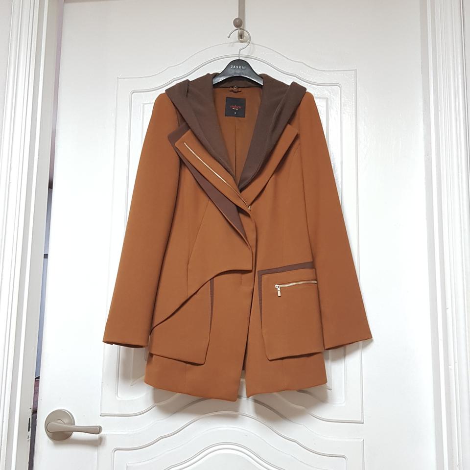 지센 후드 레이어드 자켓 코트 카멜 브라운 95사이즈