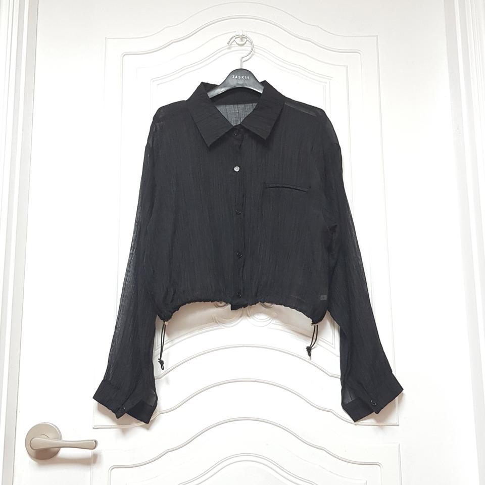 블랙 시스루 스트링 크롭 플리츠 세로결 셔츠형 아우터 자켓