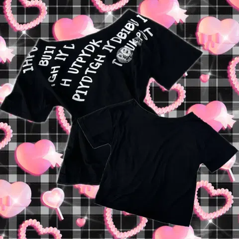 일본빈티지 블랙갸루 Y2K 프린팅 허리라인 크롭 반팔티셔츠