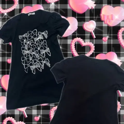 일본빈티지 히메갸루 블랙갸루 스팽글 리본블랙 블랙 데미지 반팔티셔츠