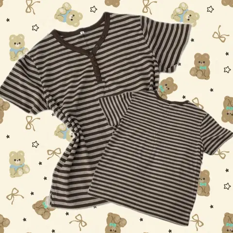 일본빈티지 하구미 브라운 레이어드 Y2K 가을 반팔티셔츠