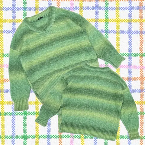 일본빈티지 하구미 레트로 Y2K 스트라이프 가을 말차 v넥 니트스웨터