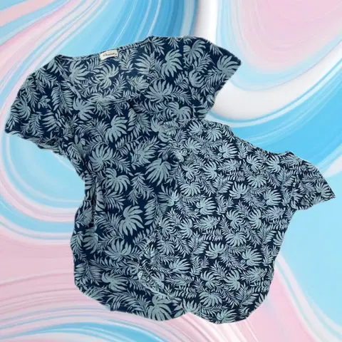 일본빈티지 하와이안 에스닉 보헤미안 셔링포인트 블루 패턴 반팔 블라우스