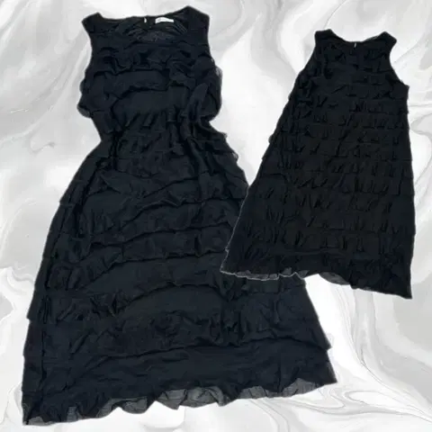 일본빈티지 러블리 프릴 레이어드 슬리브리스 블랙 미디원피스