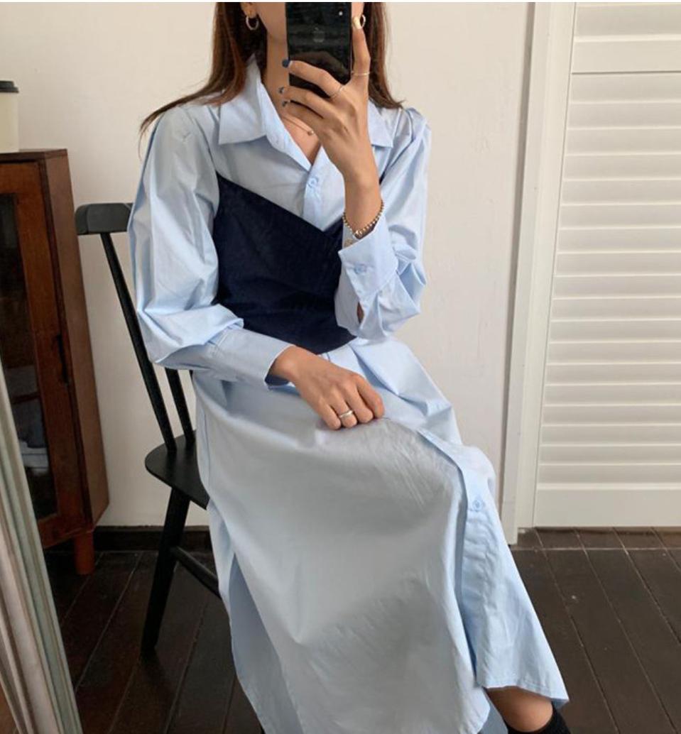 제이플로우 브랜디 에이블리 레이어드 셔츠 원피스 하늘색 남색 프리사이즈