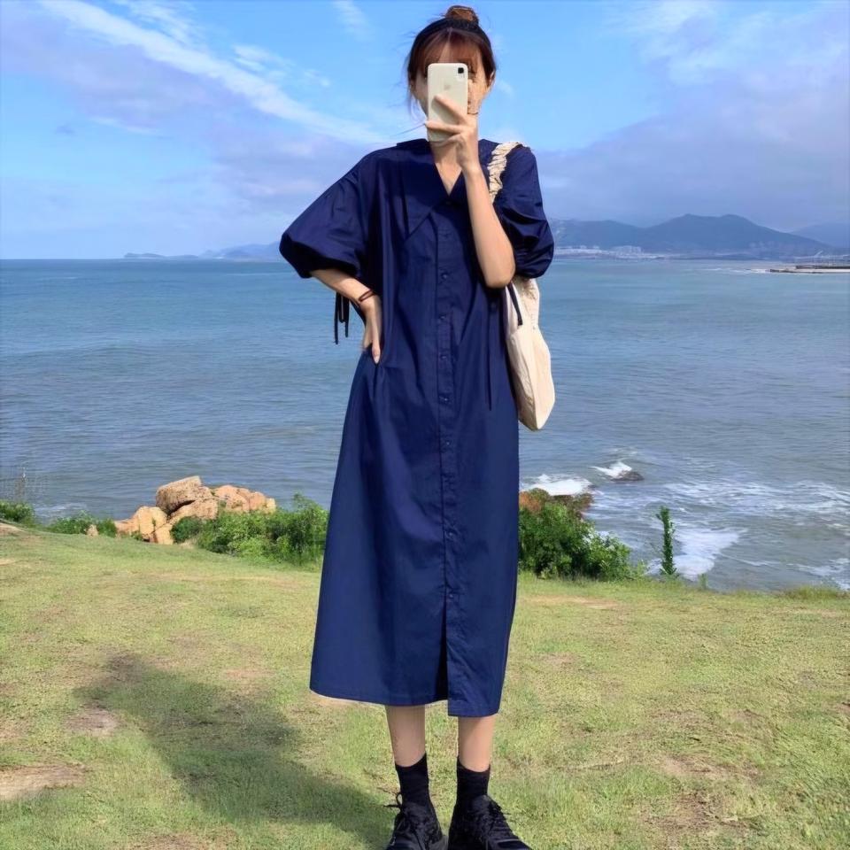 [새상품] 퍼프소매 카라 셔츠 반팔 롱 원피스