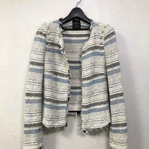 자라 여성 트위드 프린지 스터드 블레이저 오픈 자켓