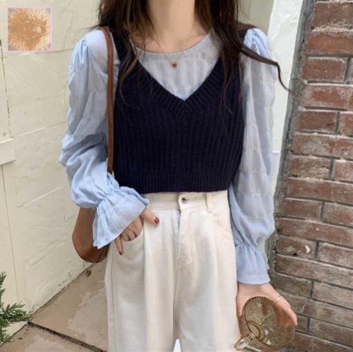 세컨드세컨 레이어드 니트 골지 나시 브이넥 뷔스티에