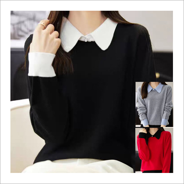 디올라 카라 소매 배색 소프트 신축성 소재 긴팔 캐주얼 여성 니트