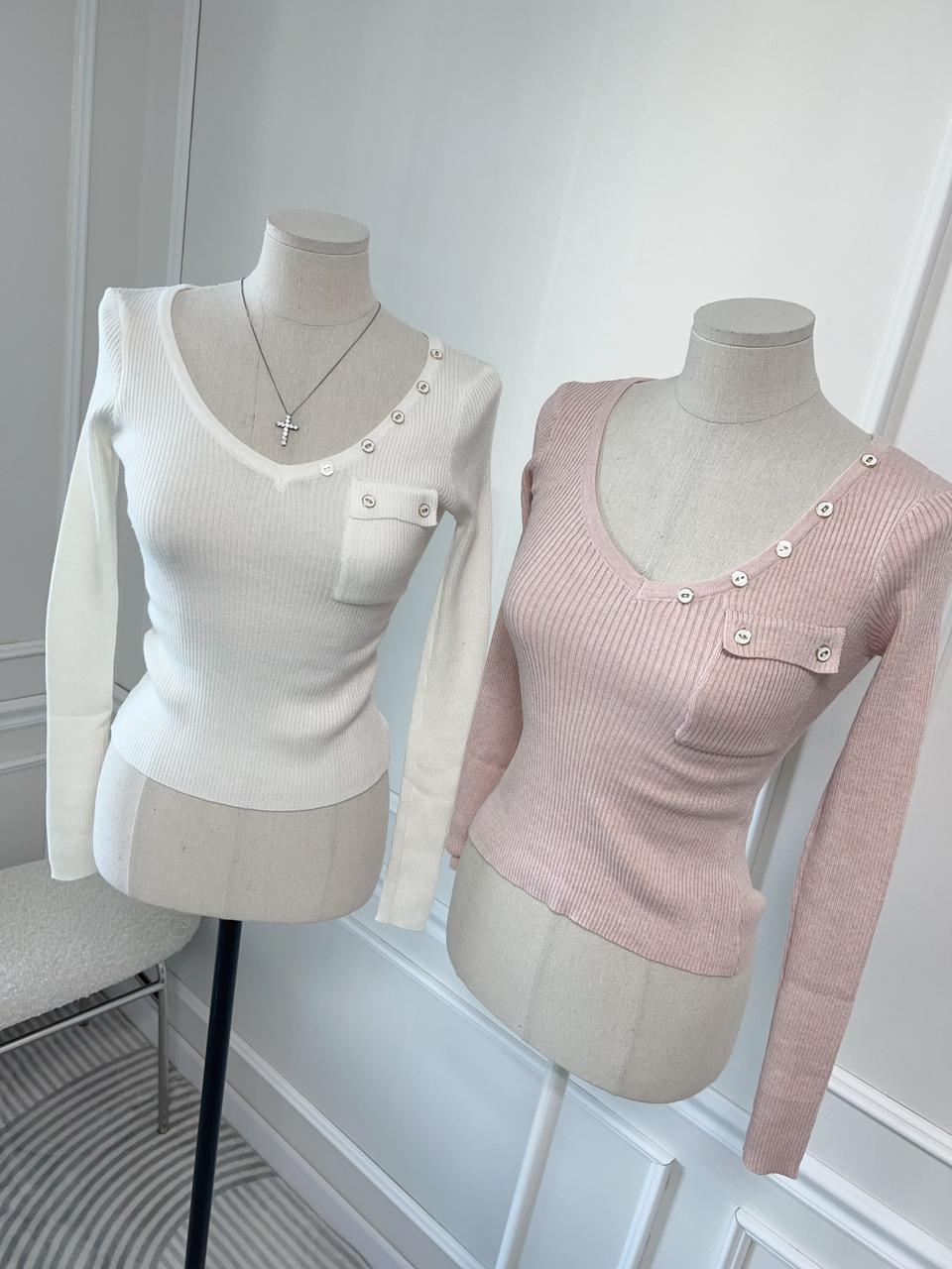 긴팔 V넥 포켓 단추 긴팔니트 여리핏