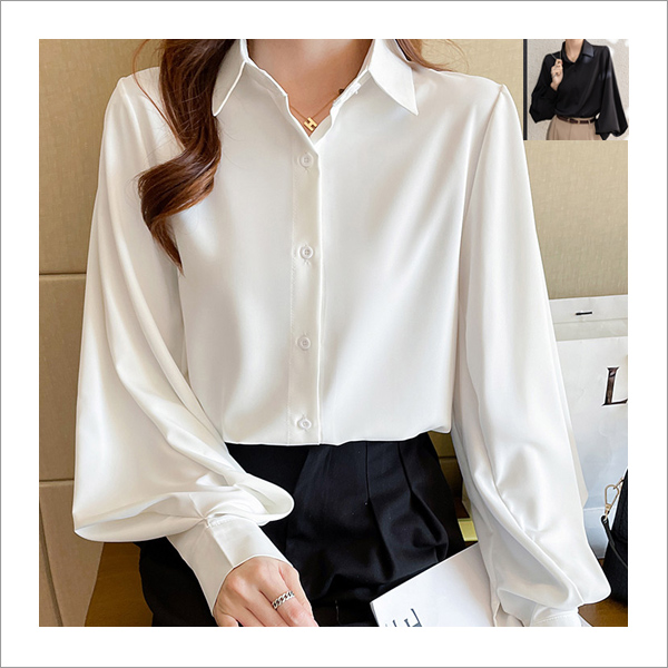 일라 세련되고 여성 스런 벌룬 소매 포인트 여성 카라넥 긴팔 블라우스