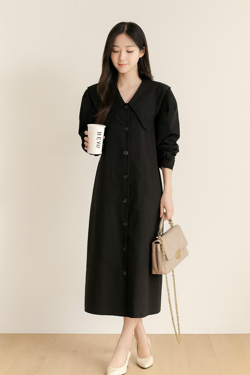 데일리 루즈핏 빅카라 퍼프소매 셔츠 롱원피스ㅡ무배
