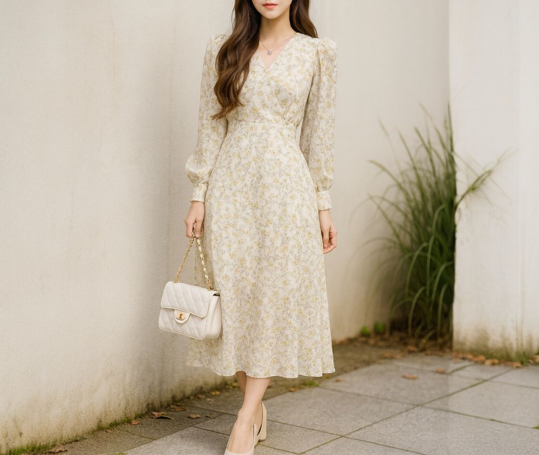 브이넥 잔꽃 플라워 간절기 쉬폰 롱원피스ㅡ무배