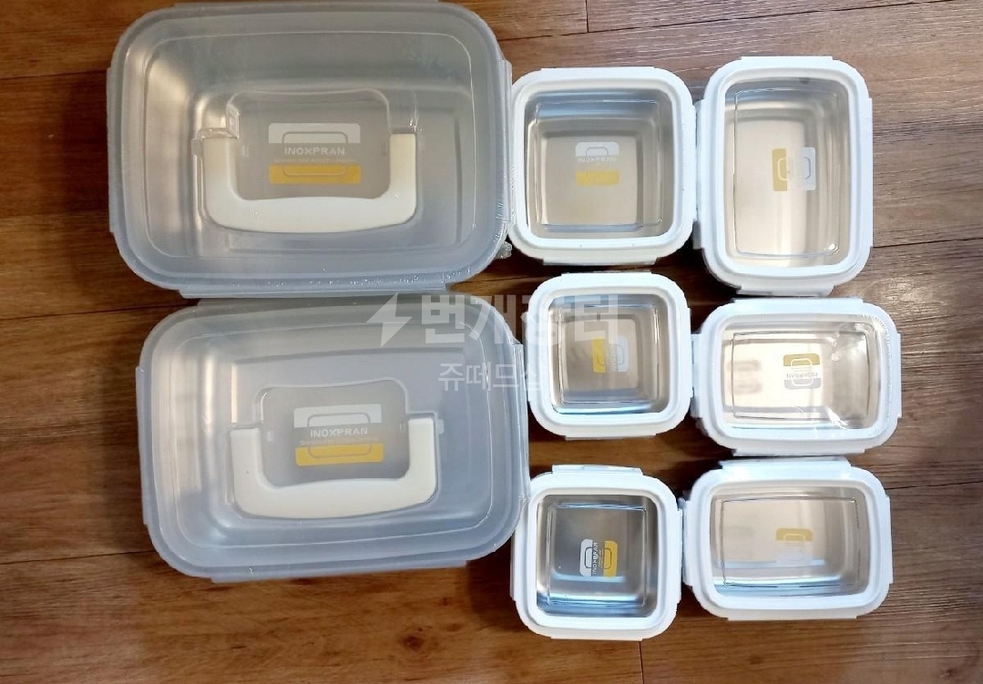 (새제품)이녹스프랑 밀키 스텐 8종세트<밀폐용기6개+김치통2개>