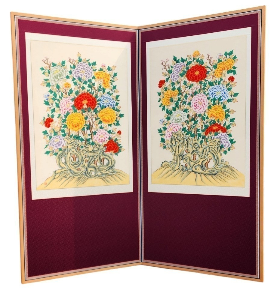 궁모란도 가리개병풍