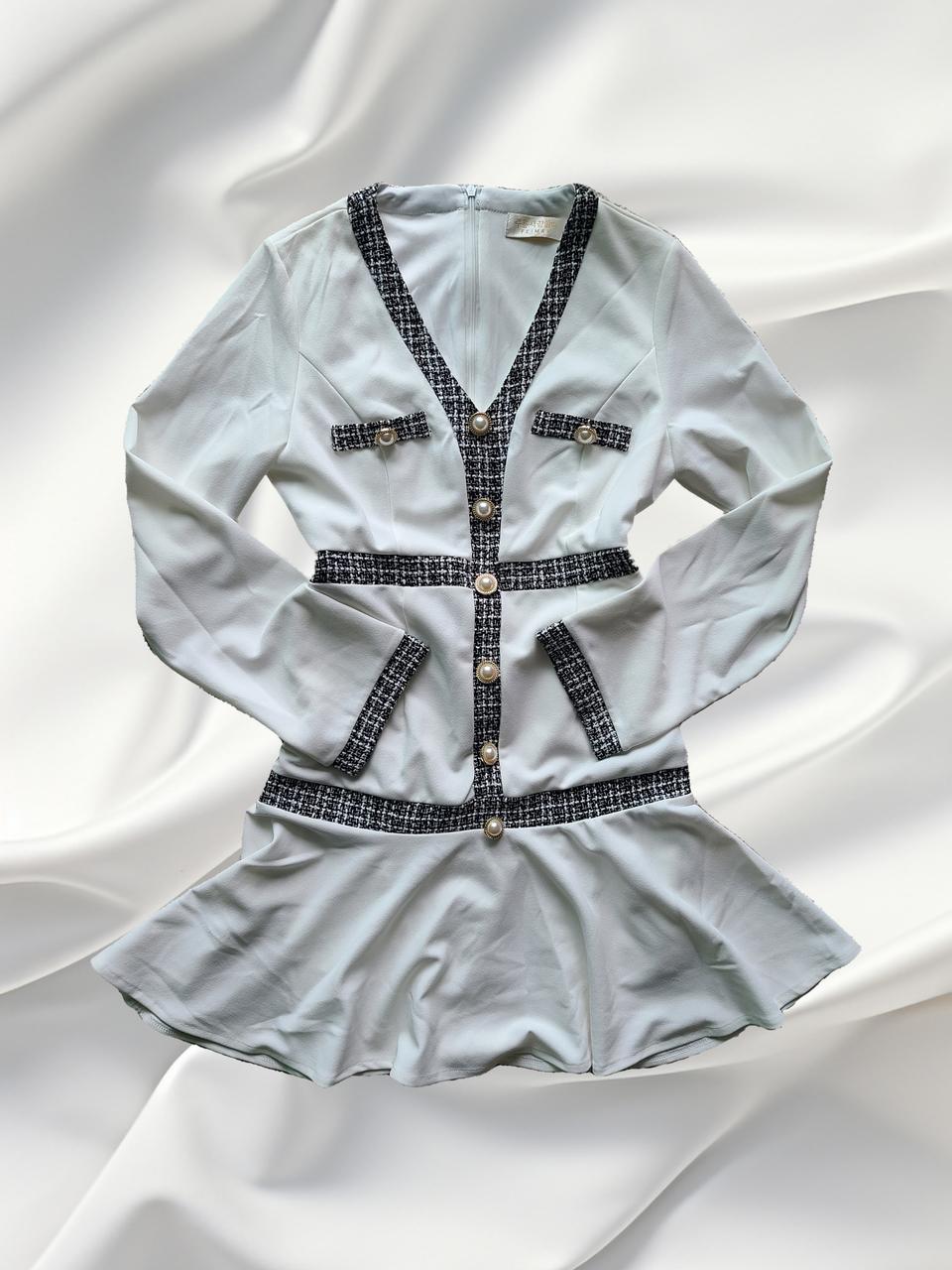 트위드 배색 진주 버튼 미니 원피스