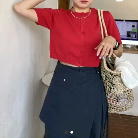 단미무드 크롭 반팔 가디건 -레드