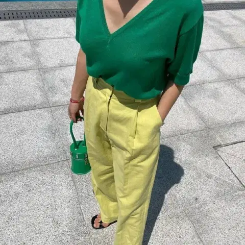 헤이 딥 브이넥 반팔 니트 - 그린