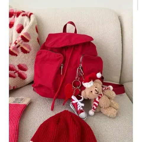 나일론 투포켓 스트링 미니 백팩 - 레드