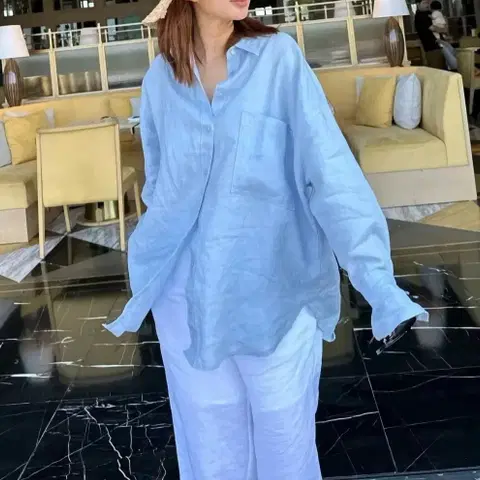 강자매 린넨 와이드 셔츠 - 블루