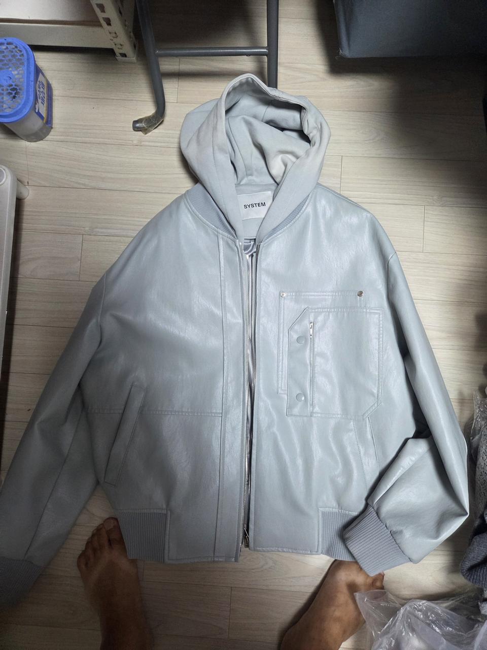 시스템옴므 정품 후드 레더 그레이 레이어드 자켓 105사이즈