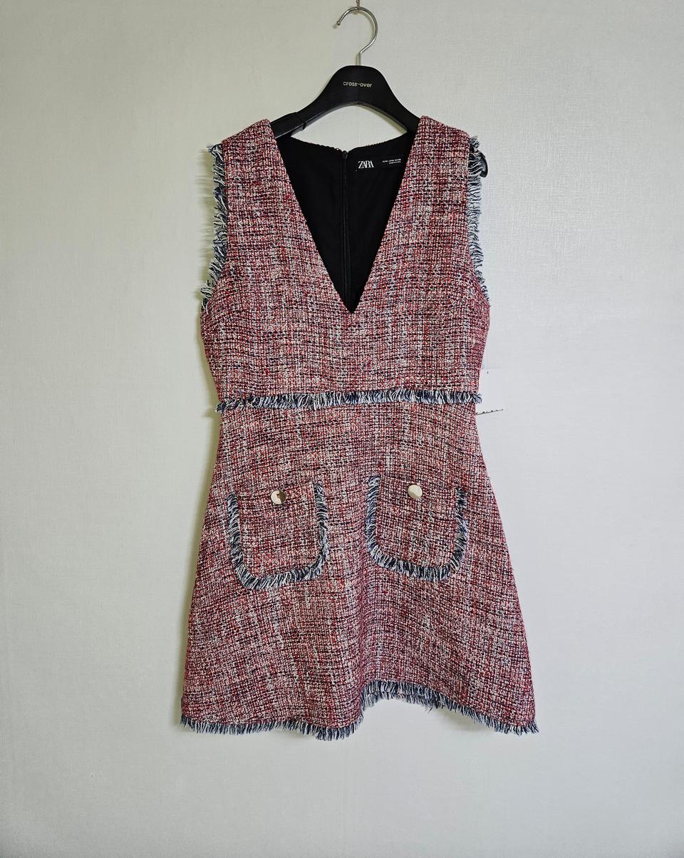 여성 55~66 | 자라 레드 믹스 프린지 라인 트위드 미니 원피스