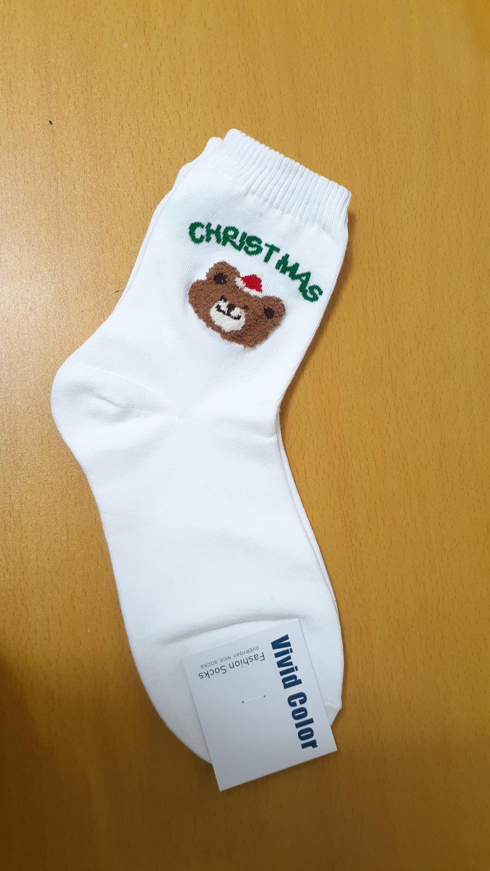 비비드컬러 곰돌이 크리스마스 흰색양말