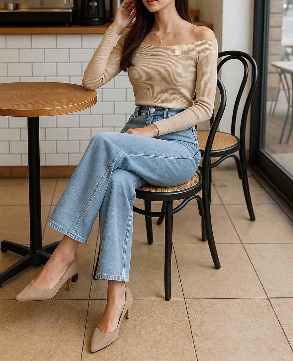 세미 와이드 일자핏 연청 데님 팬츠(L)