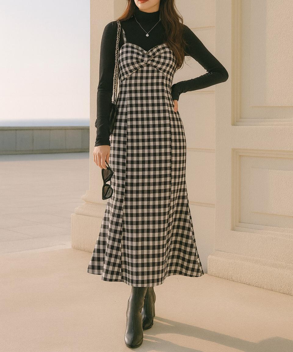 머메이드 체크 뷔스티에 롱원피스(M)
