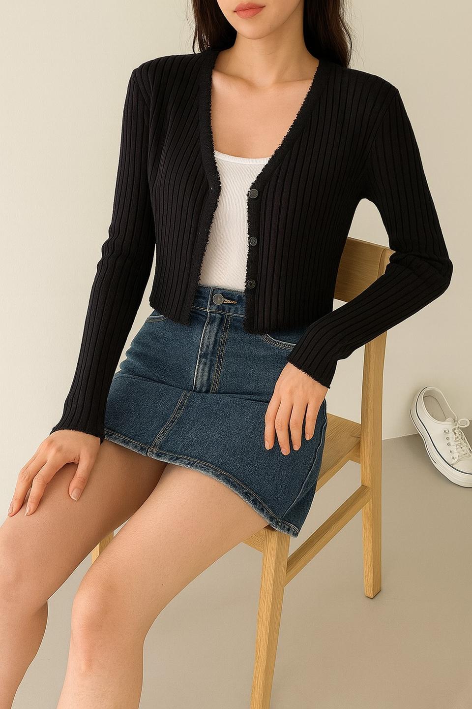 골지 브이넥 크롭 가디건