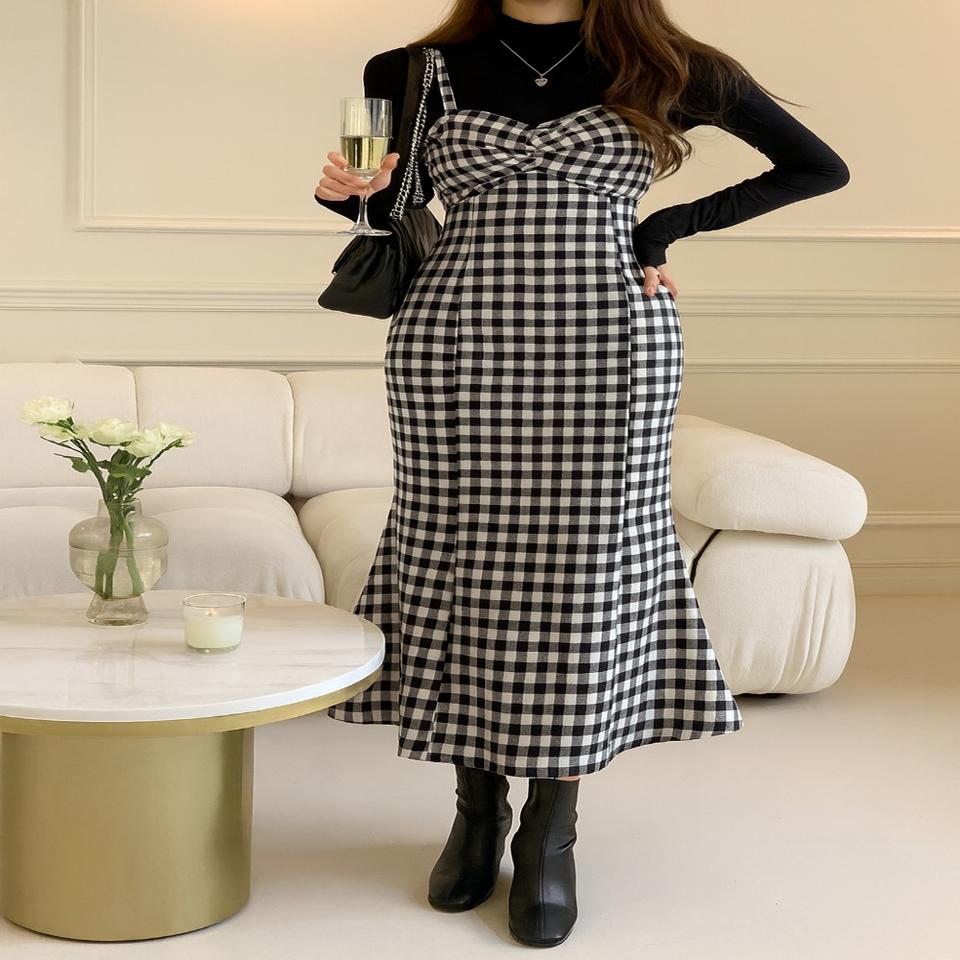 날씬해보이는 머메이드 체크 롱원피스ㅡ무배