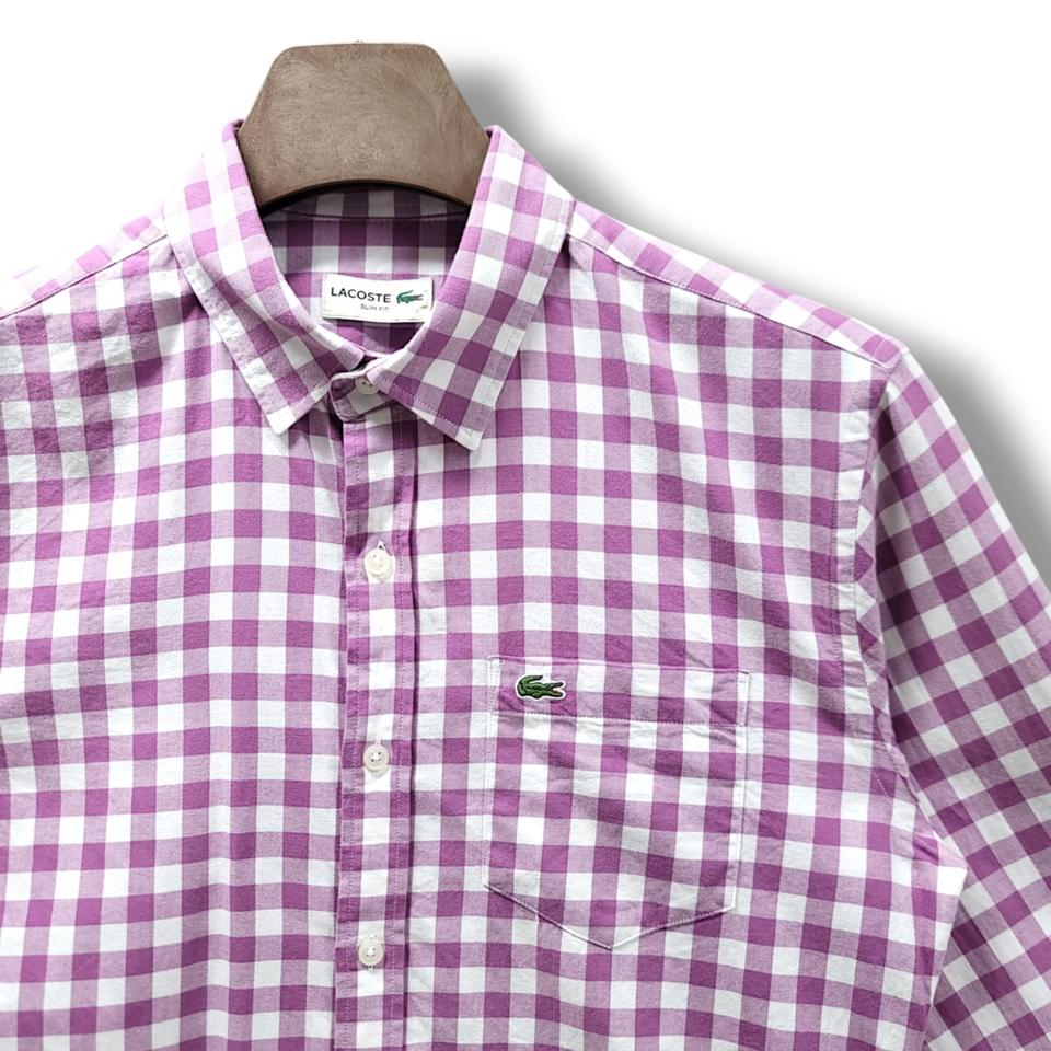 [100] 라코스테 퍼플&화이트 패턴 슬림핏 코튼 긴팔셔츠