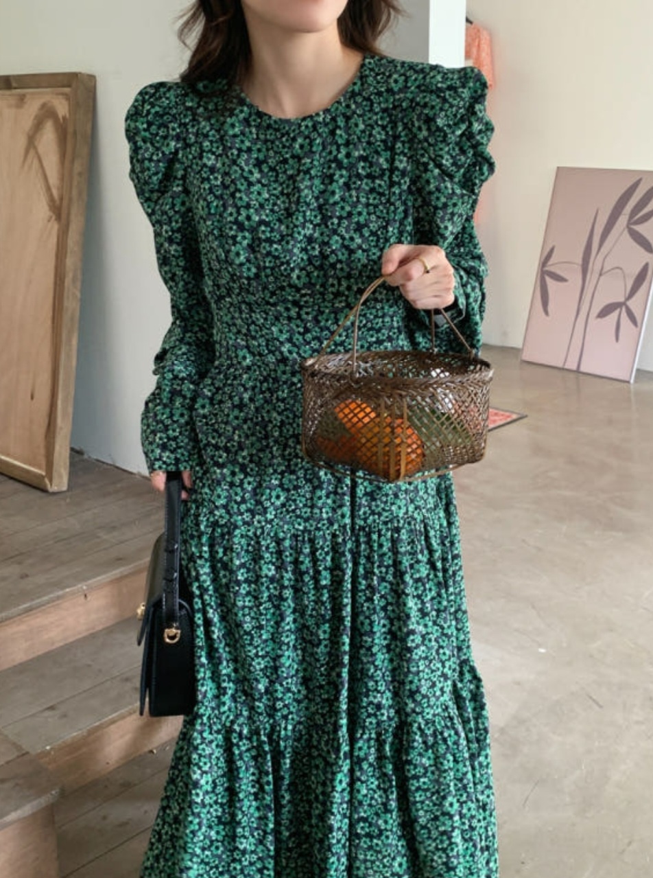 잔꽃 셔링 퍼프 롱원피스