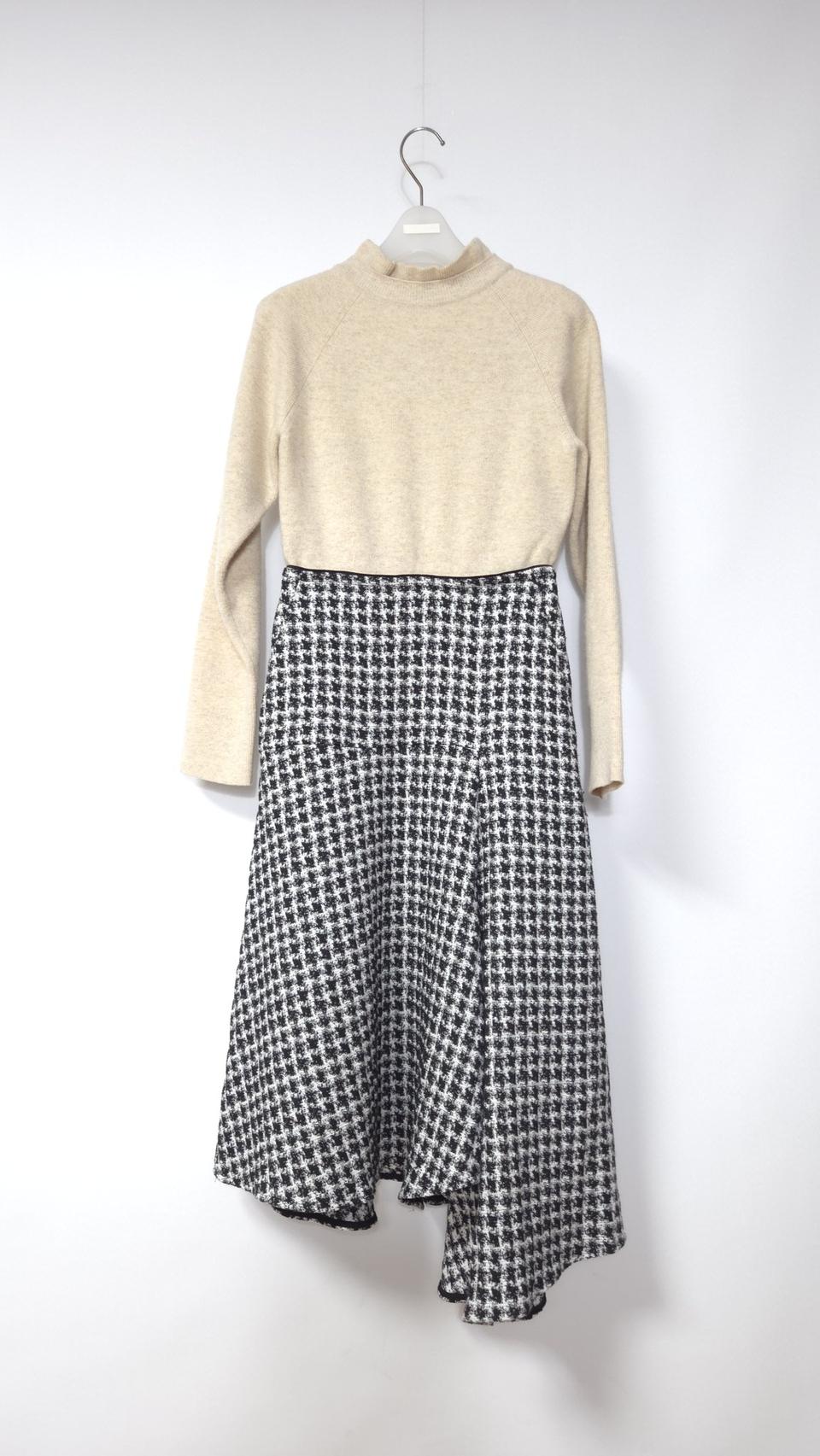 한섬 마인 니트 배색 언밸런스 체크 원피스 44~55