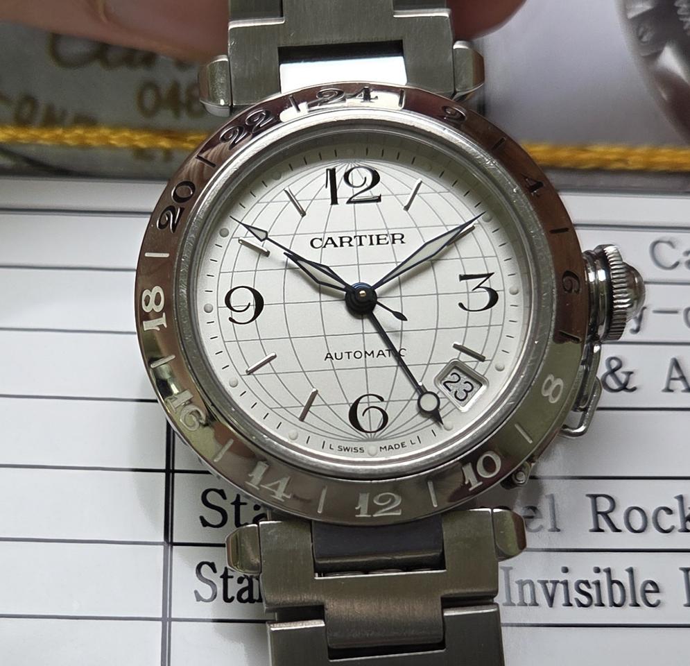 레어] 까르띠에 파샤 GMT 지구본다이얼 실버판 36mm 브레이슬릿 ve