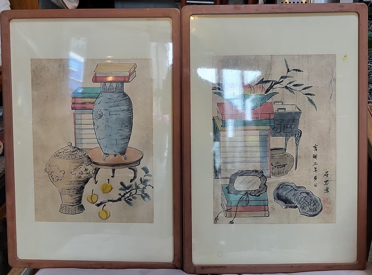 전통한지수묵채색책가도2점셋트