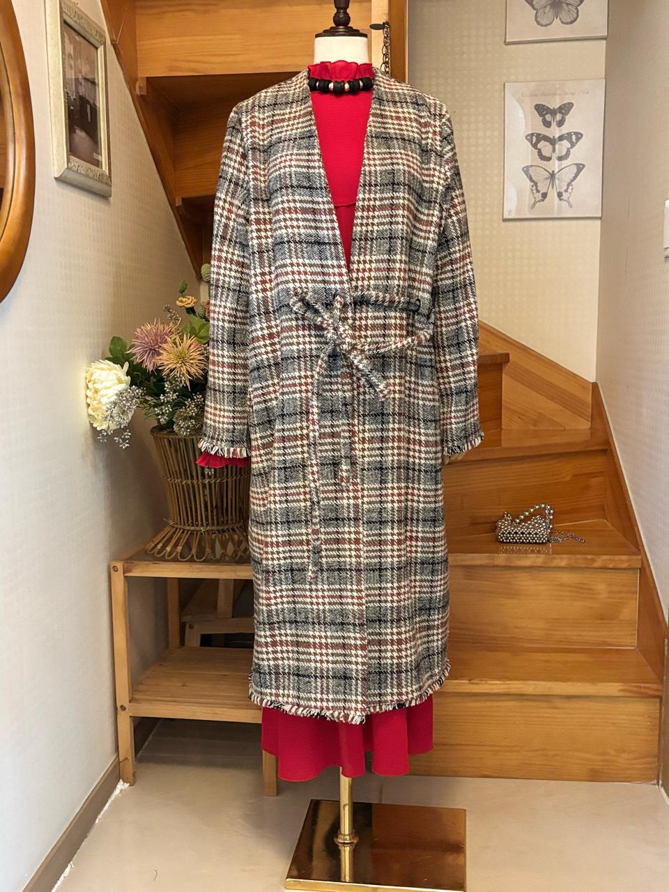 체크 롱 코트 로브 스타일 여성복