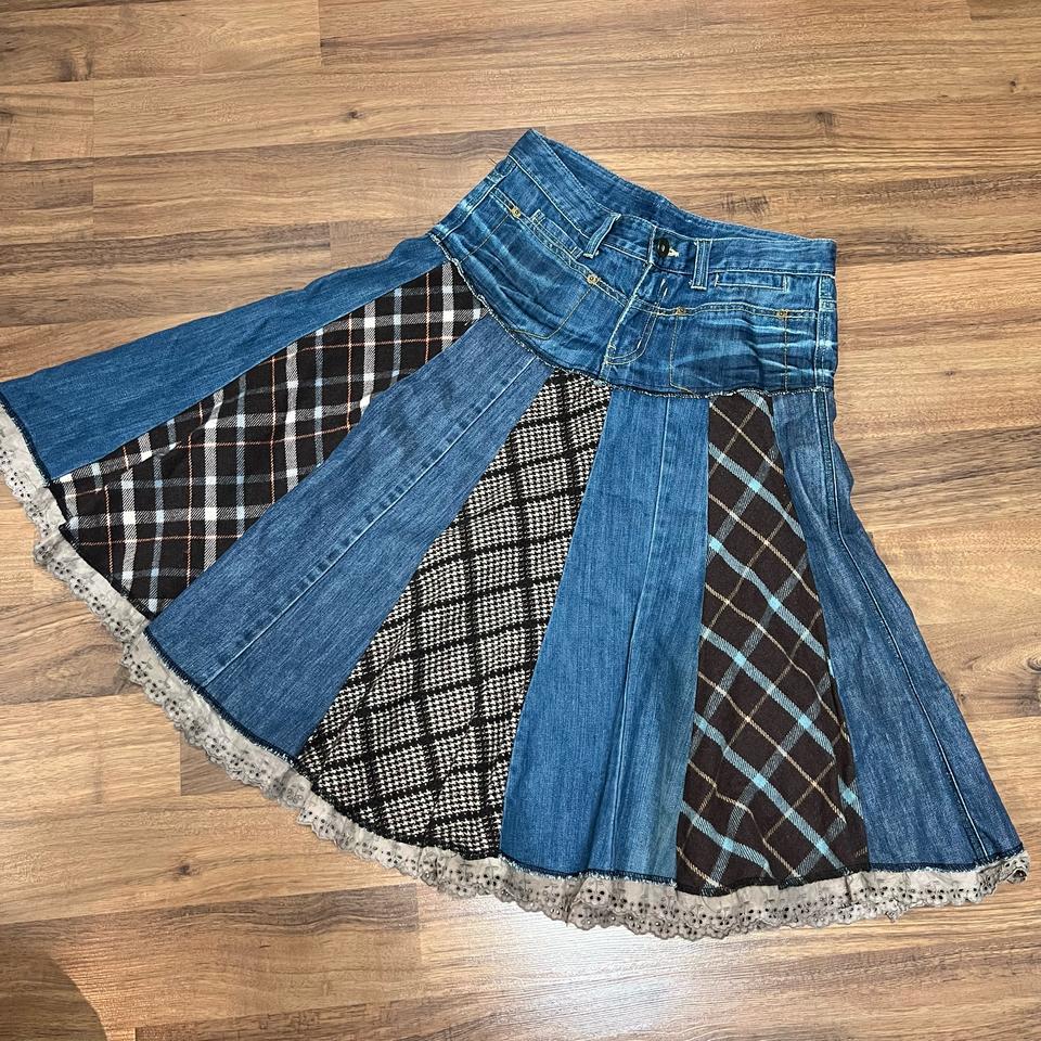 체크 레이스 패치 데님스커트