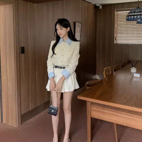 [새상품] 셔츠 레이어드 트위드자켓 플리츠미니스커트 쓰리피스셋업 크롭세트