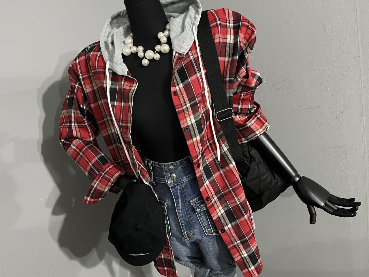 후드배색체크남방/후드체크남방/체크남방