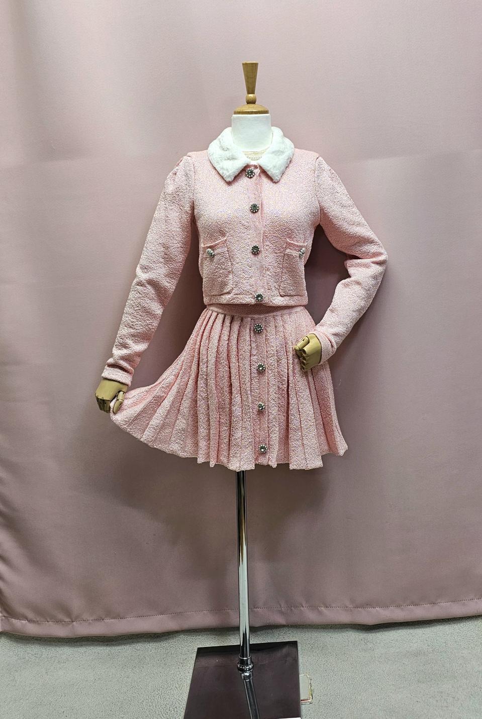 퍼카라 보석단추 핑크 가디건 스커트 세트