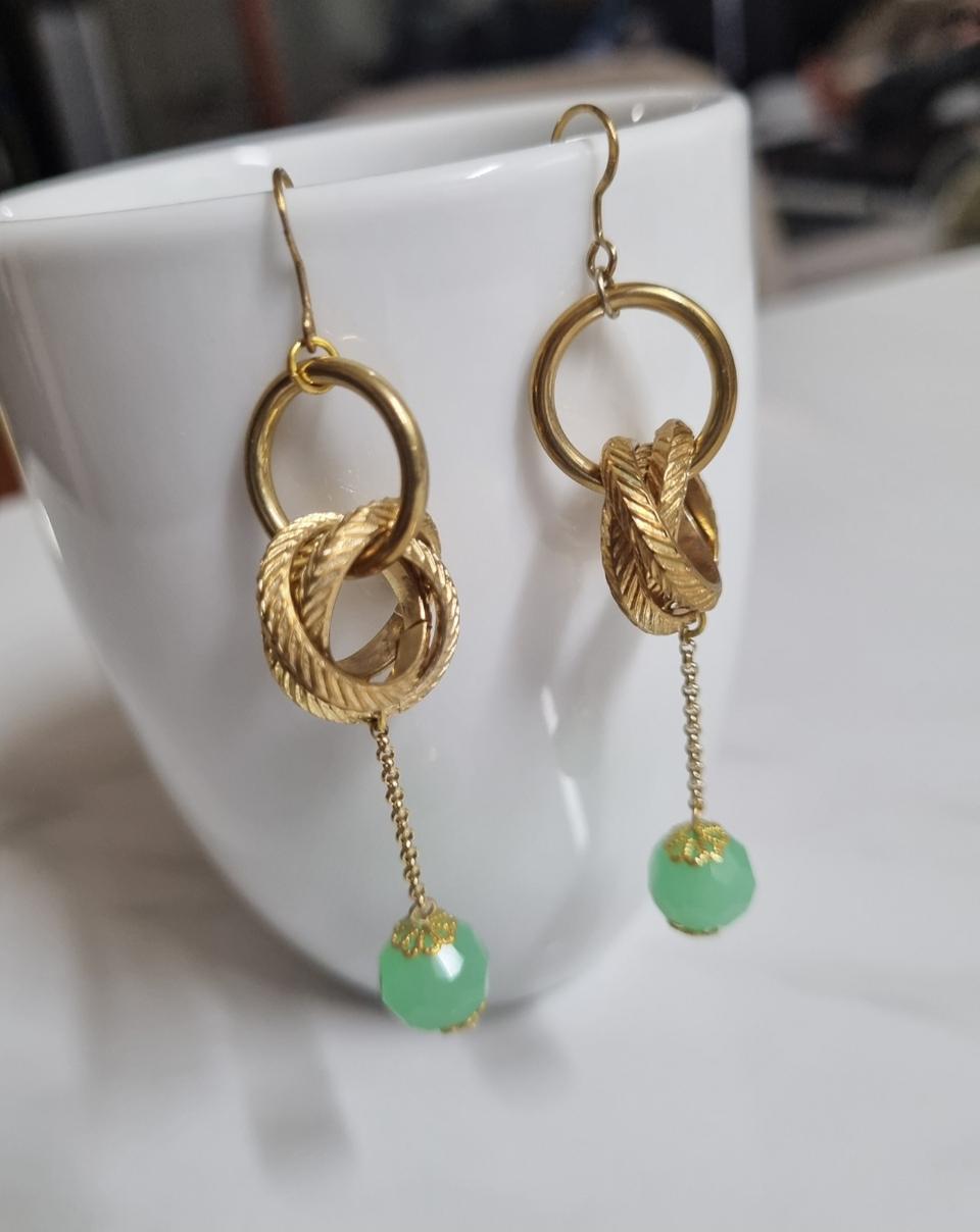 4중 링 & 옥색 구슬 드롭 귀걸이